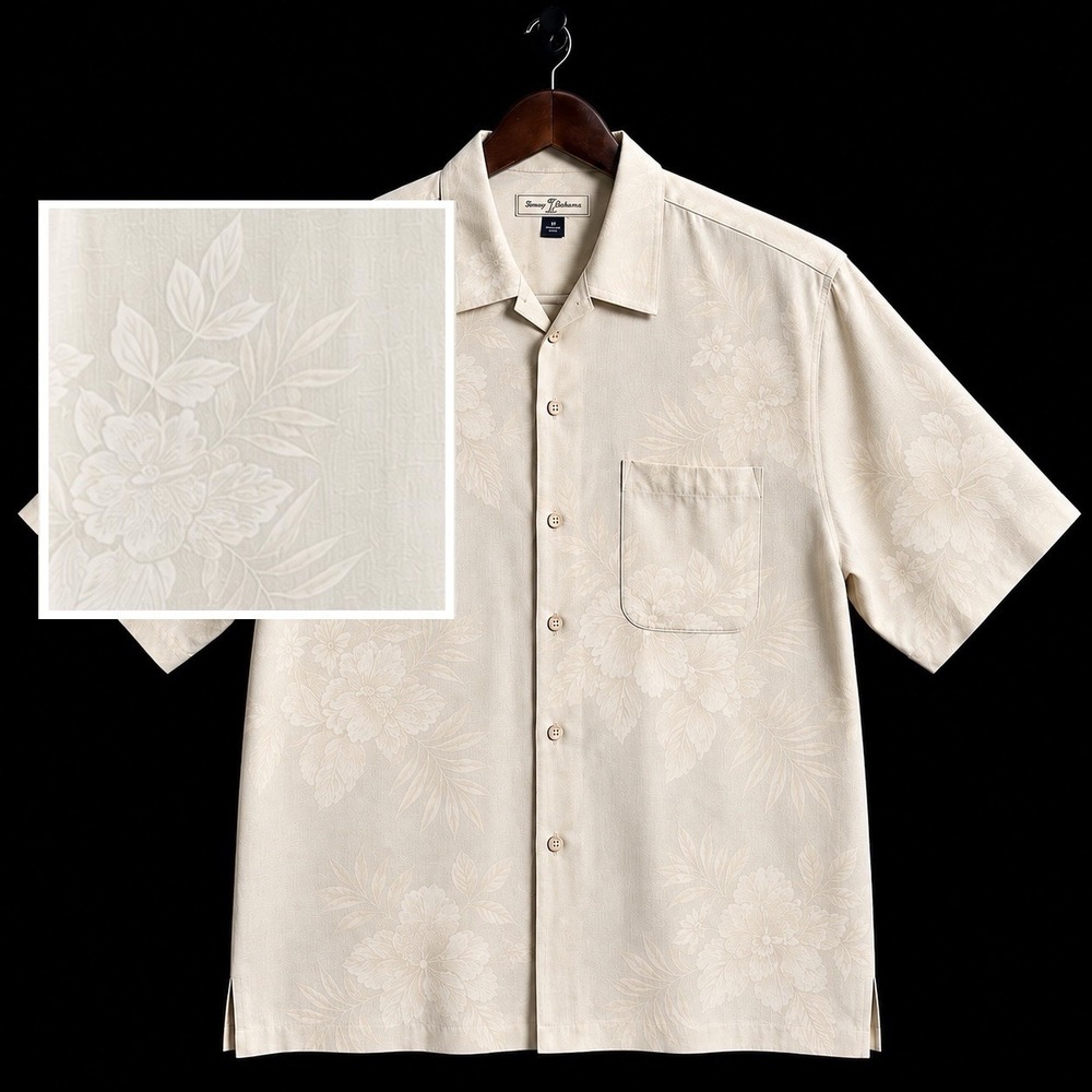 Tommy Bahama Mens M Ivory Cream Silk Floral Jacquard Camp Shirt Resort Button Up